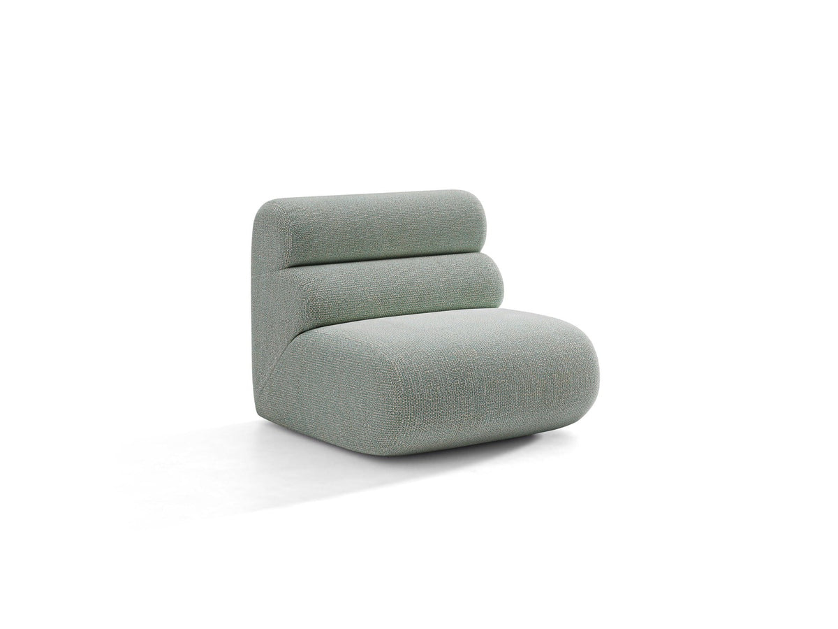 Armloses Samtmodul-Sofaelement Neo von Micadoni in dunklem Olivgrün, mit schwarzen Kunststoffbeinen, Teil eines modularen Sofasystems.