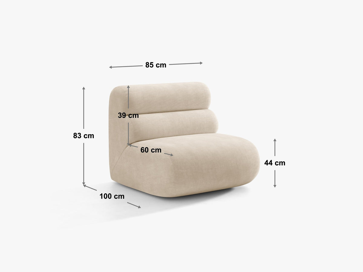 Armloses Samtmodul-Sofaelement Neo von Micadoni in dunklem Olivgrün, mit schwarzen Kunststoffbeinen, Teil eines modularen Sofasystems.