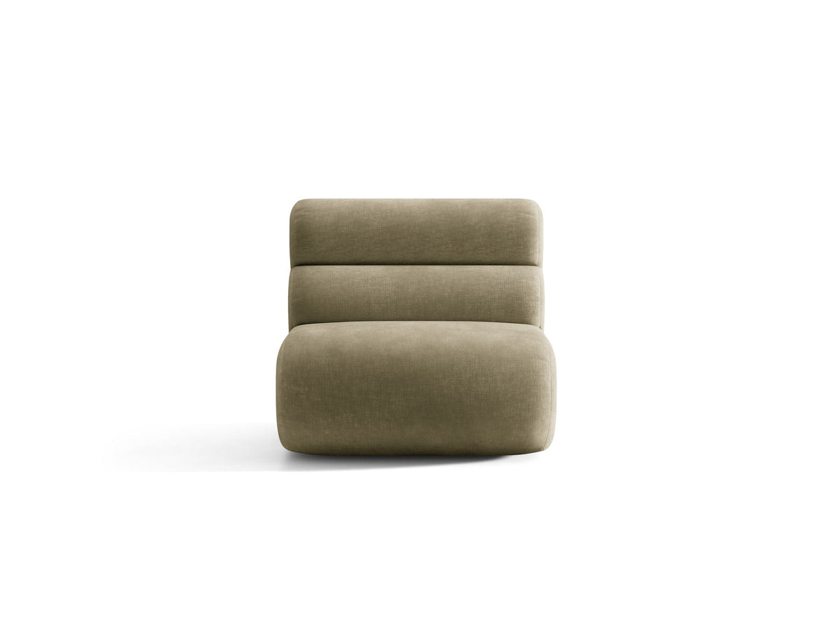 Armloses Samtmodul-Sofaelement Neo von Micadoni in dunklem Olivgrün, mit schwarzen Kunststoffbeinen, Teil eines modularen Sofasystems.