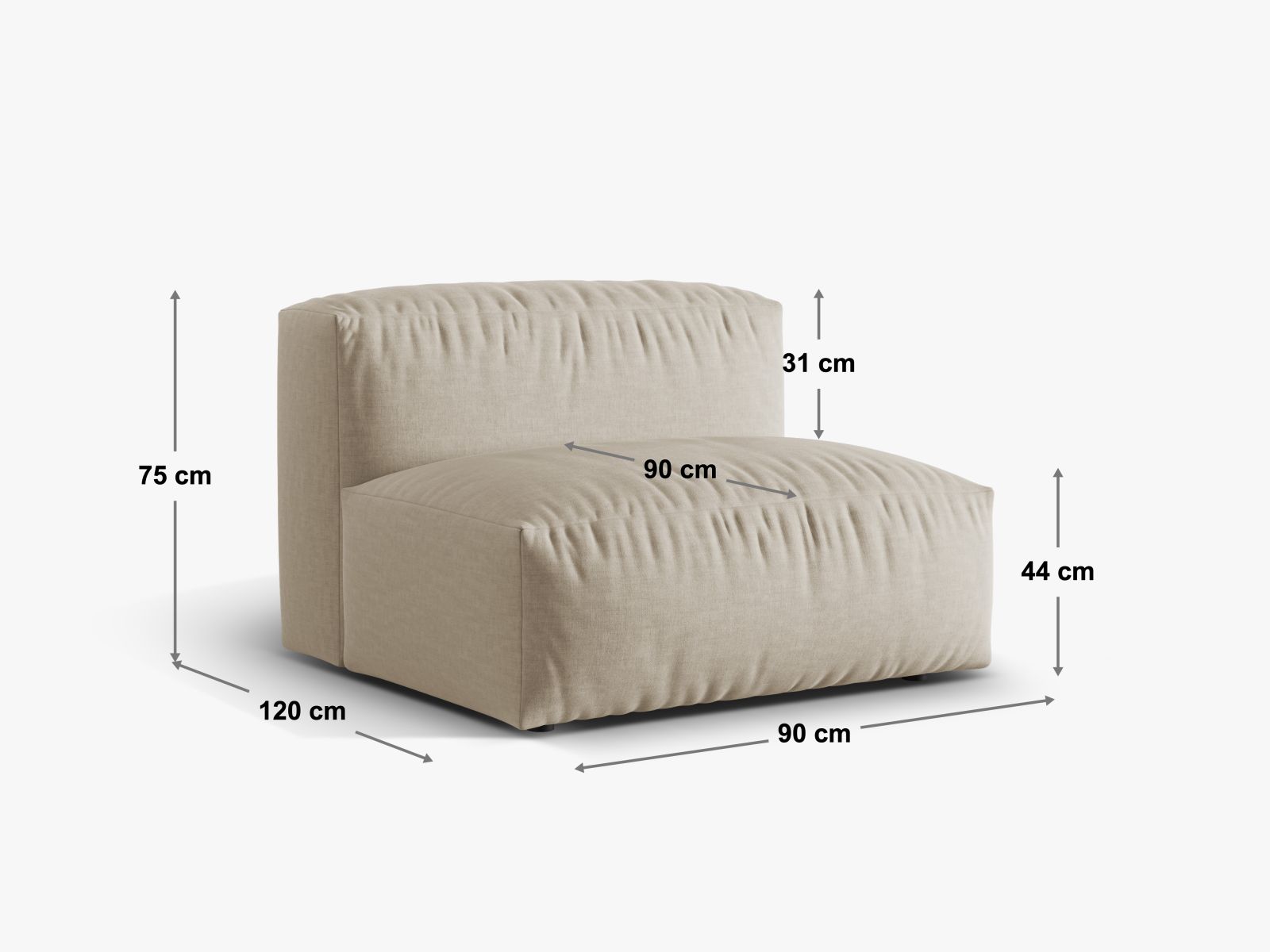 Stilvolles 1-Sitzer Sofa Martina XL in sanftem Grau, perfekt für zeitgemäße Inneneinrichtungen. Modular und vielseitig einsetzbar.