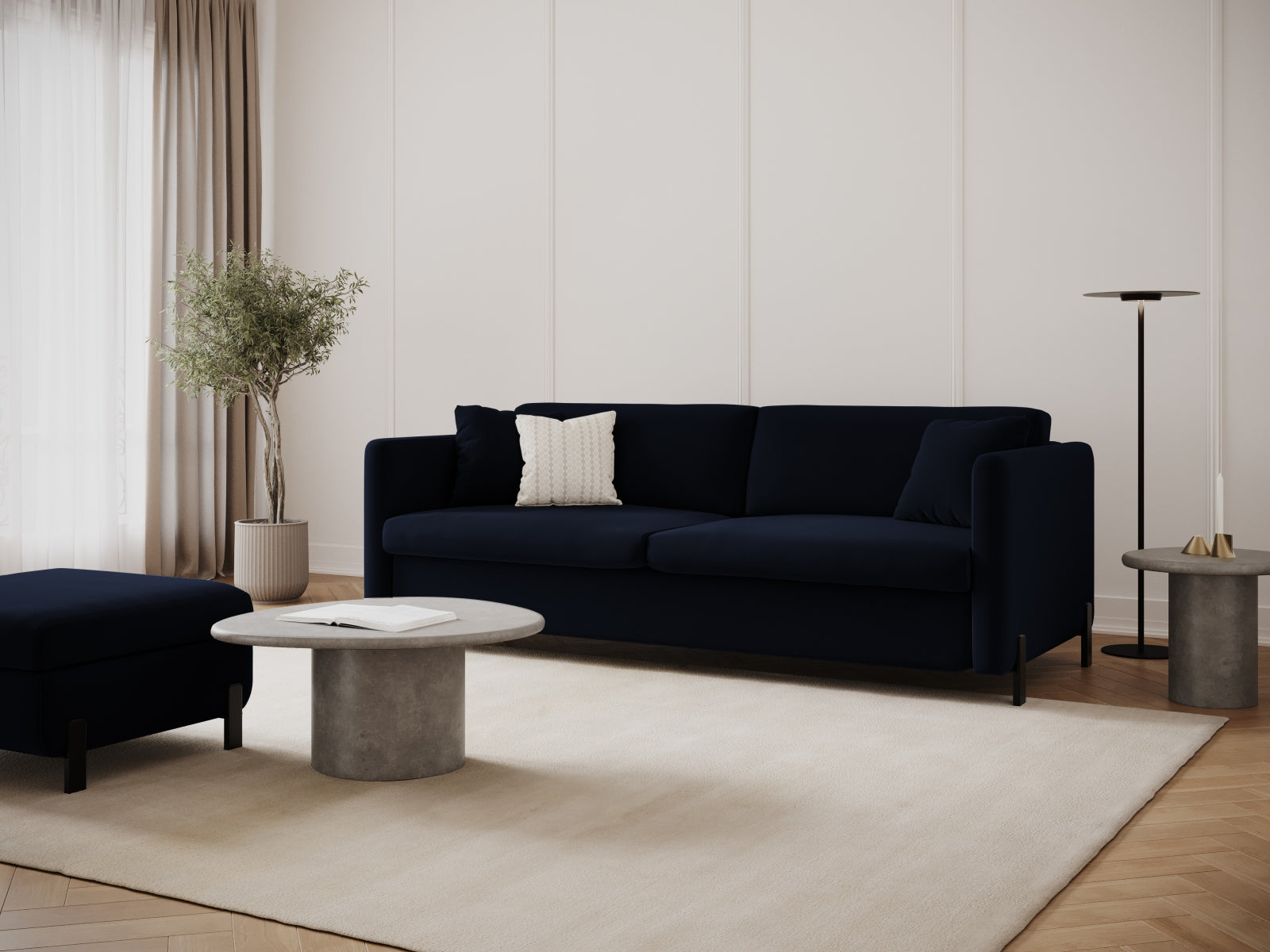Elegantes Gloria Velour Sofa in Royal Blue, 2-Sitzer mit Schlaffunktion, ideal für stilvolle Wohnräume und Gästeübernachtungen.