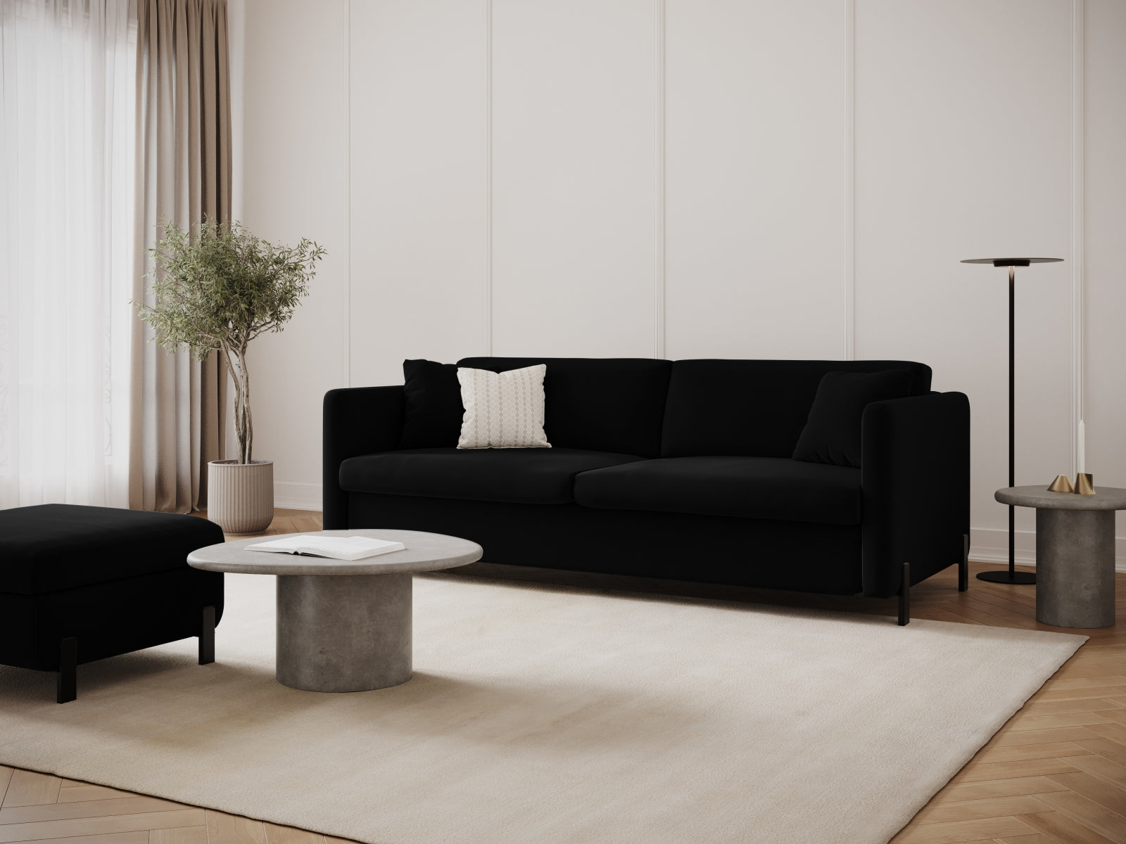 Elegantes Gloria Velour Sofa in Schwarz mit Schlaffunktion, ideal für stilvolle Wohnräume und Übernachtungsgäste.