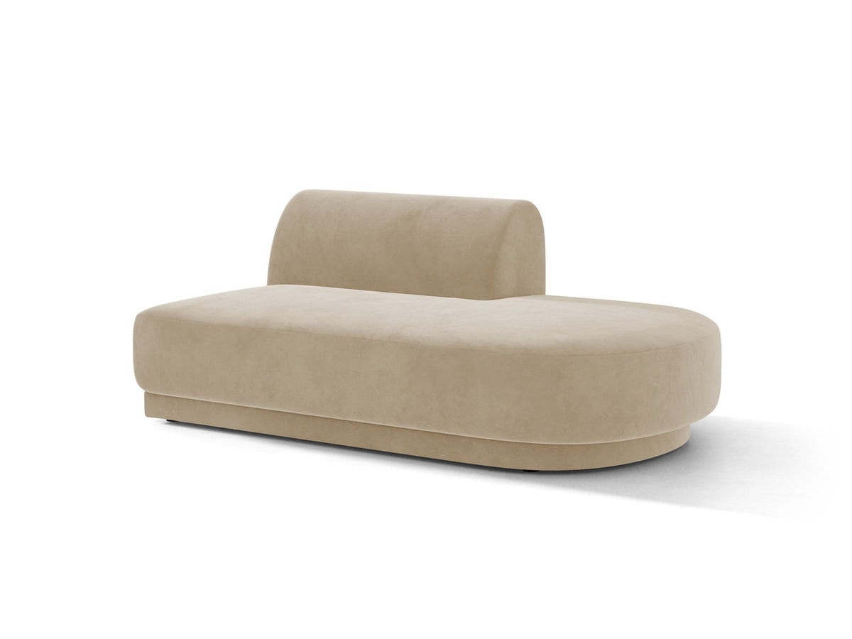 Modulares Sofaelement in Dunkelbeige mit Bluvel-Stoffbezug, schwarzen Kunststoffbeinen und niedriger Rückenlehne, rechts ausgerichtet.