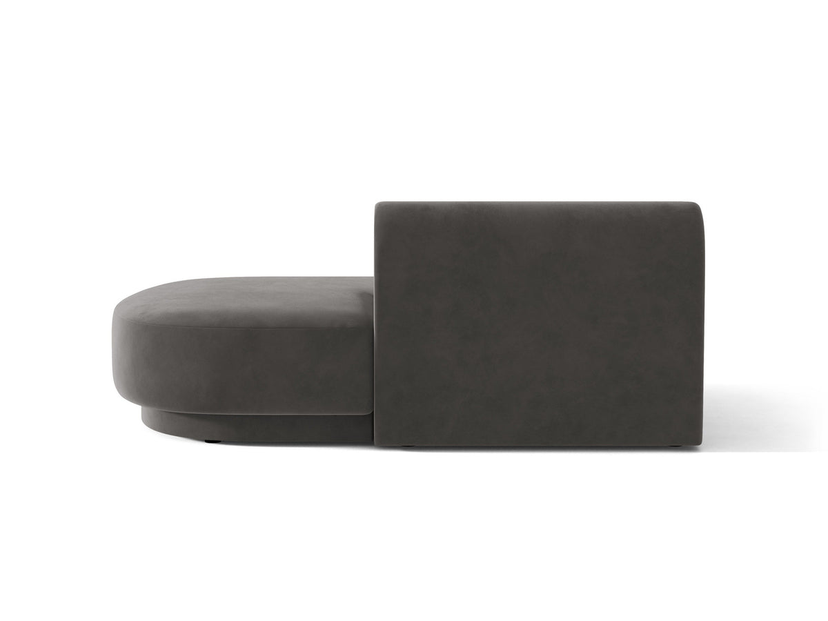 Modulares Sofaelement in Dunkelbeige mit Bluvel-Stoffbezug, schwarzen Kunststoffbeinen und niedriger Rückenlehne, rechts ausgerichtet.