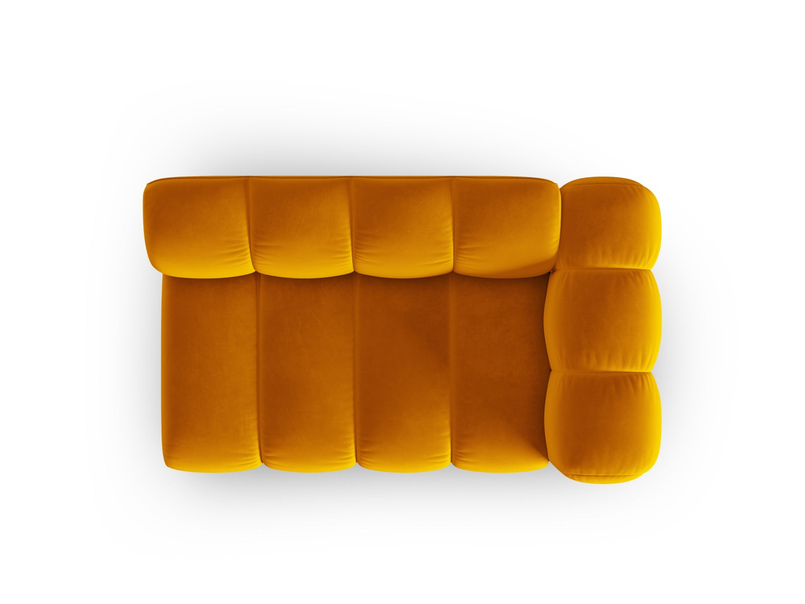 Elegantes, gelbes Velours-Sofa Lupine, 2-Sitzer, rechtsseitig, ideal für stilvolle und modulare Wohnräume.