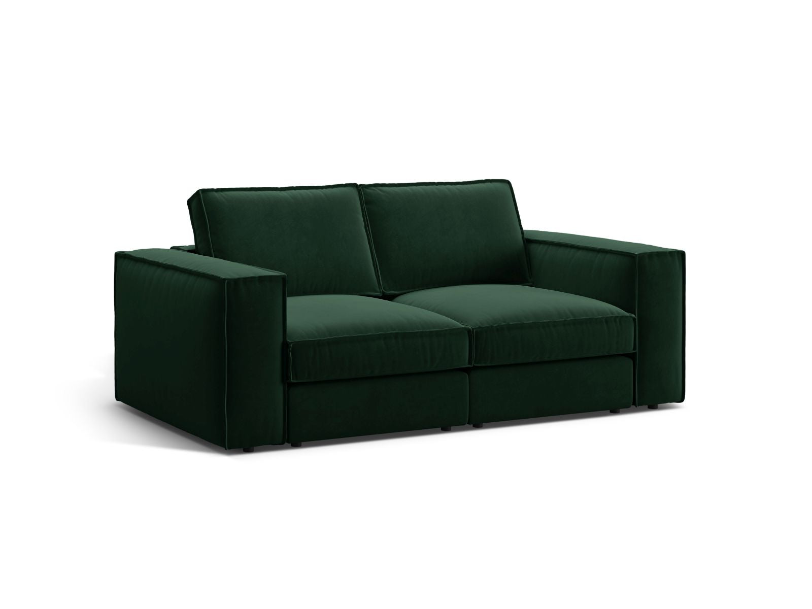 Elegantes 2-Sitzer Sofa Pola in Flaschengrün, ideal für moderne Wohnräume, bietet Komfort und Stil für entspannte Stunden.