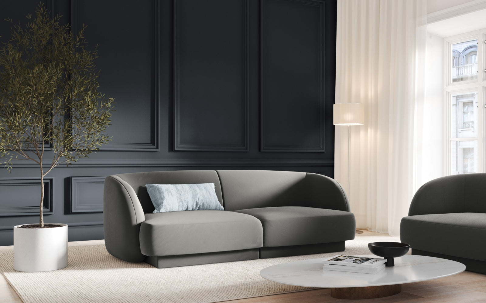 Elegantes Miley Velour Sofa in sanftem Grau, ideal für stilvolle Wohnräume. Komfortabler 2-Sitzer von Micadoni.
