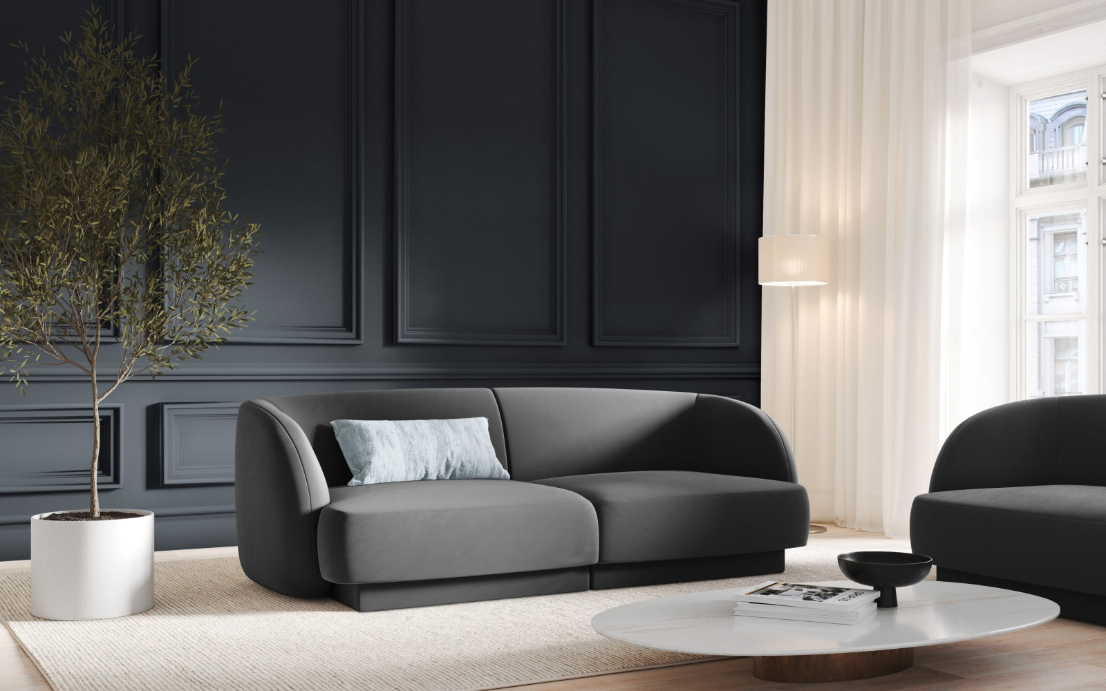 Elegantes Miley Velour Sofa 2 Sitzer in stilvollem Grau-Blau, ideal für moderne Wohnräume und gemütliche Abende.