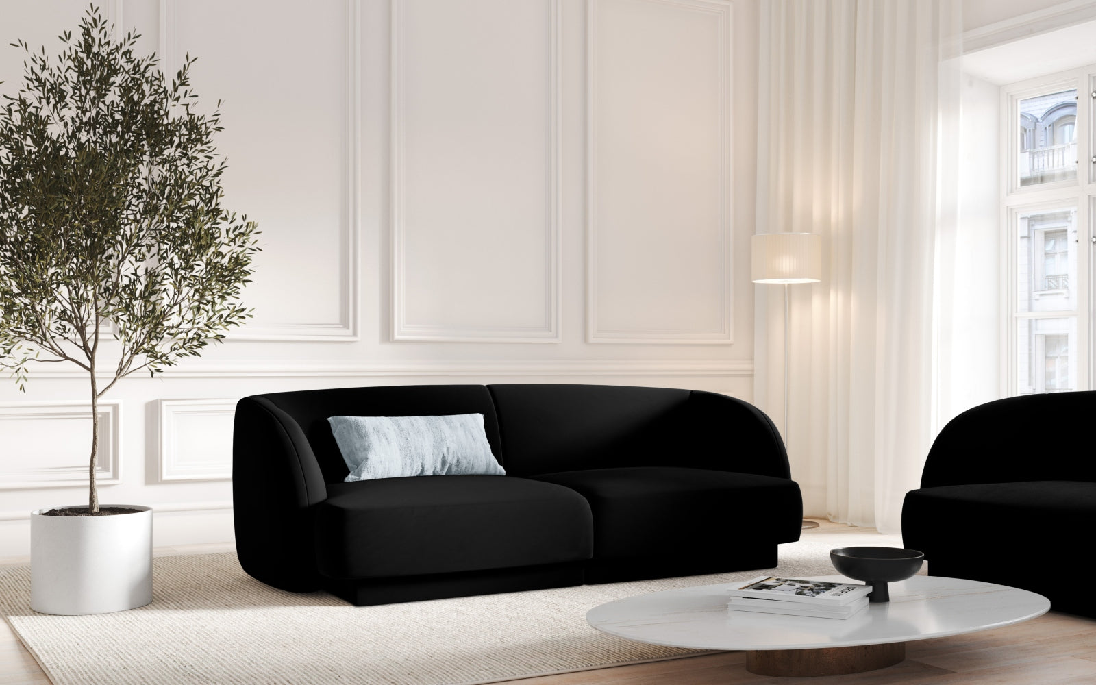 Elegantes Miley Velour Sofa für zwei Personen in stilvollem Schwarz-Bluvel, ideal für moderne Wohnräume und gemütliche Abende.