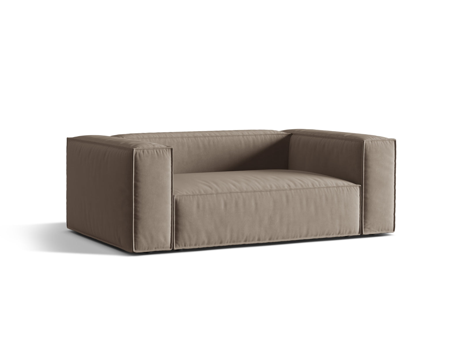 Elegantes Nuria Velour Sofa für zwei Personen in warmem Grau, ideal für stilvolle Wohnräume und gemütliche Abende.