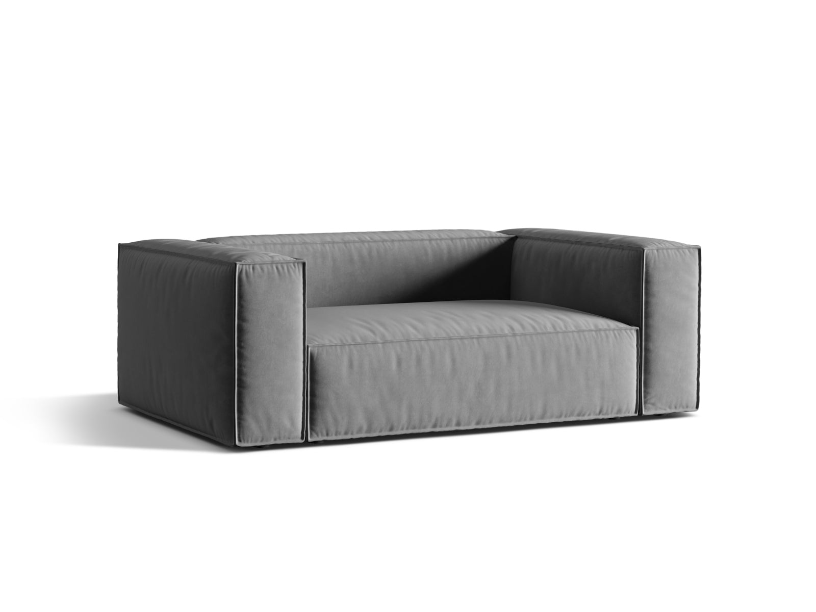 Elegantes Nuria Velour Sofa für zwei Personen in stilvollem Grau, ideal für moderne Wohnräume und gemütliche Abende.