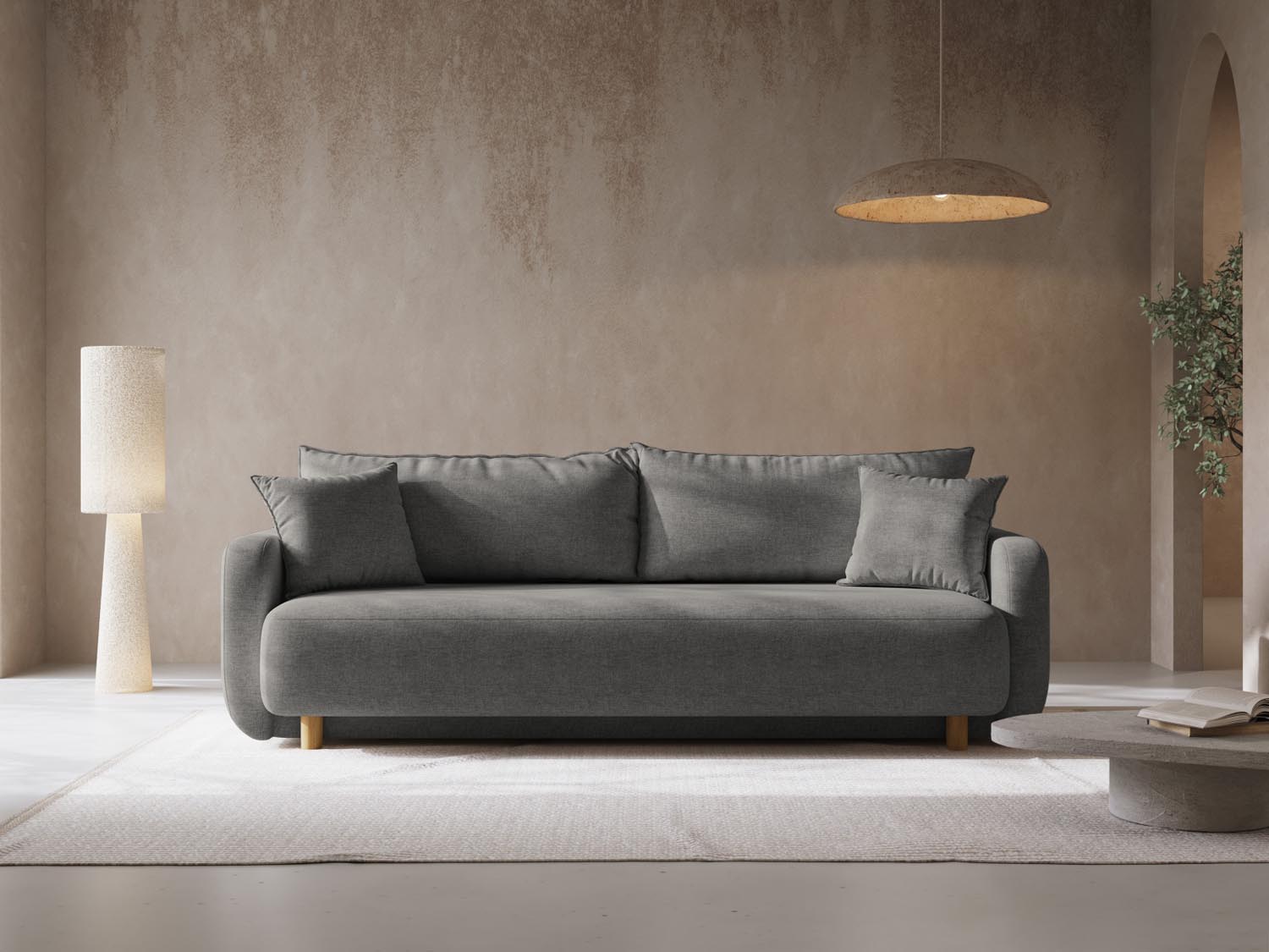 Modernes Elen Sofa in Grau mit Schlaffunktion und Stauraum, ideal für stilvolle Wohnräume und flexible Nutzung.