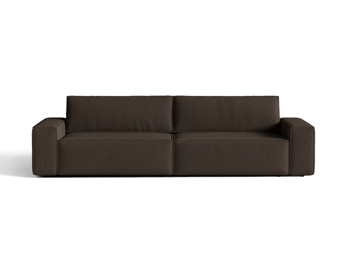 Braunes 3er Sofa Jodie von Micadoni mit Stoffbezug, schwarzen Kunststoffbeinen, ausklappbarer Bettfunktion und integriertem Stauraum im Sitzbereich.