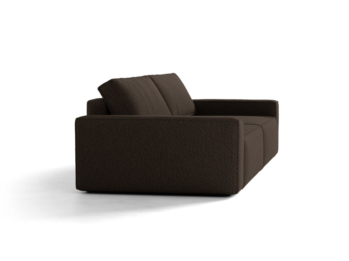 Braunes 3er Sofa Jodie von Micadoni mit Stoffbezug, schwarzen Kunststoffbeinen, ausklappbarer Bettfunktion und integriertem Stauraum im Sitzbereich.
