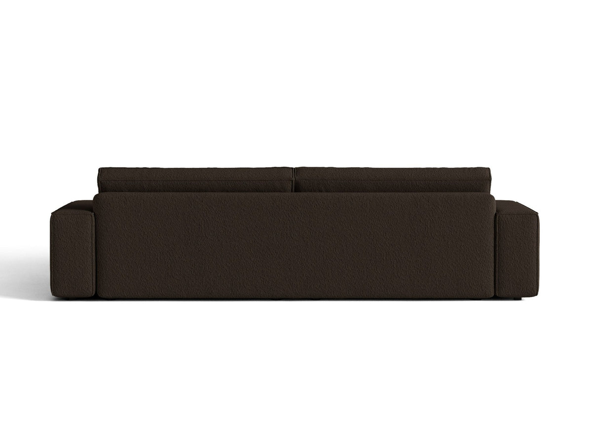 Braunes 3er Sofa Jodie von Micadoni mit Stoffbezug, schwarzen Kunststoffbeinen, ausklappbarer Bettfunktion und integriertem Stauraum im Sitzbereich.
