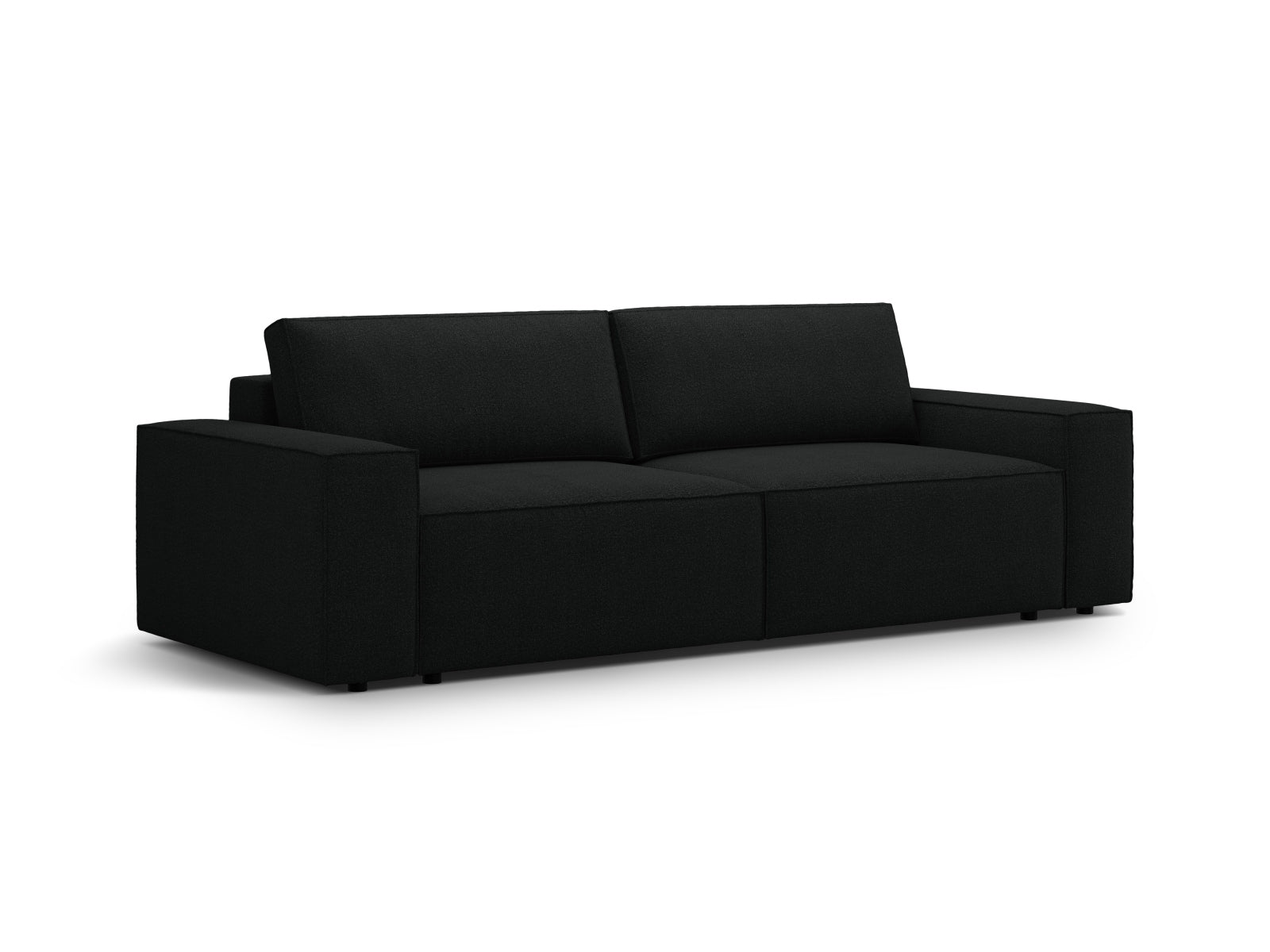 Modernes 3-Sitzer Boucle Sofa in Schwarz, vielseitig einsetzbar mit Schlafoption und praktischer Stauraumbox für zusätzlichen Komfort.
