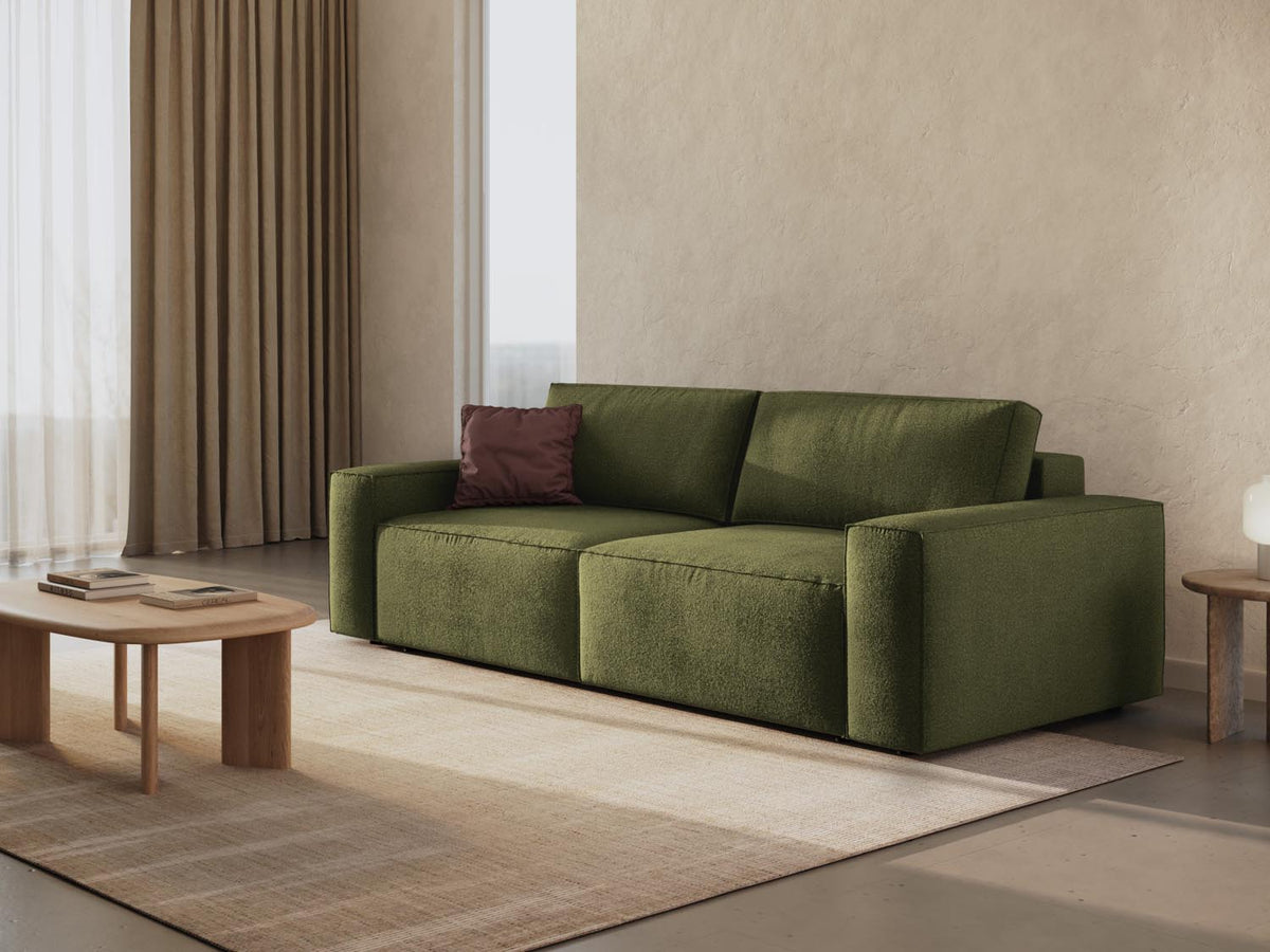 Jodie Boucle Sofa mit Schlaffunktion und Stauraumbox 3 Sitzer in Dark Olive Green-Baloo präsentiert im Onlineshop von KAQTU Design AG. Bettsofa ist von Micadoni