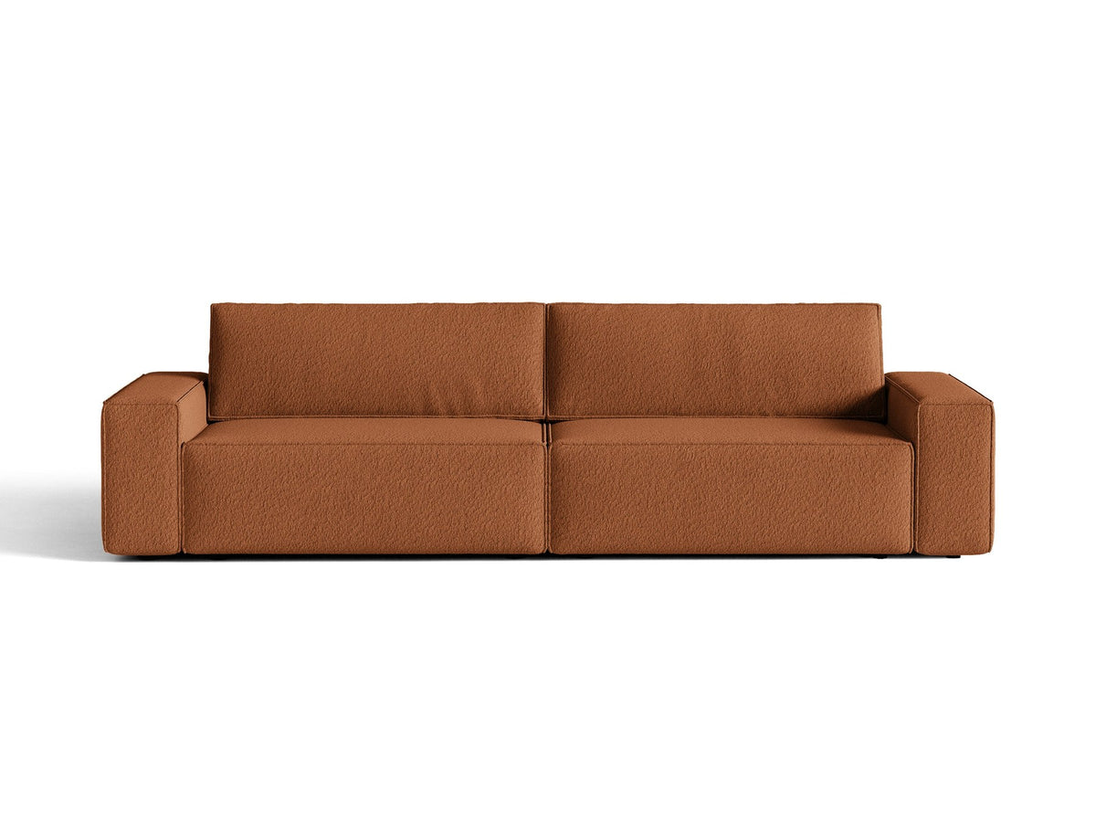 Braunes 3er Sofa Jodie von Micadoni mit Stoffbezug, schwarzen Kunststoffbeinen, ausklappbarer Bettfunktion und integriertem Stauraum im Sitzbereich.