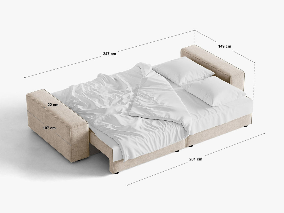 Braunes 3er Sofa Jodie von Micadoni mit Stoffbezug, schwarzen Kunststoffbeinen, ausklappbarer Bettfunktion und integriertem Stauraum im Sitzbereich.