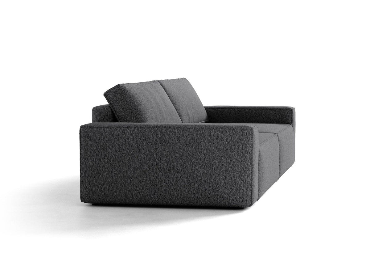 Braunes 3er Sofa Jodie von Micadoni mit Stoffbezug, schwarzen Kunststoffbeinen, ausklappbarer Bettfunktion und integriertem Stauraum im Sitzbereich.