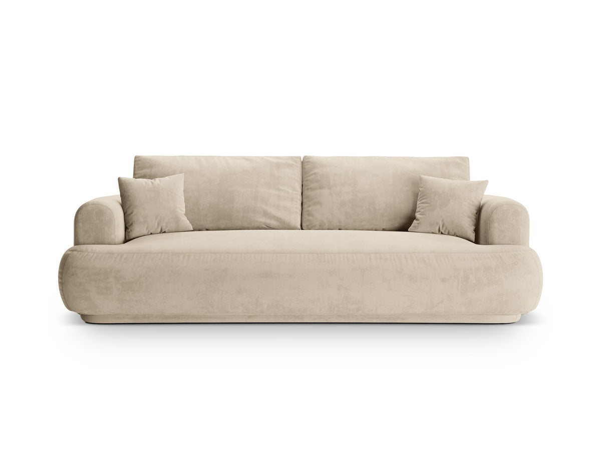 Beiges 3er Sofa Ella von Micadoni mit Veloursstoff-Bezug, ausklappbarer Bettfunktion, Stauraumbox und schwarzen Kunststoffbeinen.