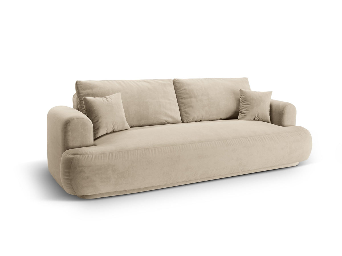 Beiges 3er Sofa Ella von Micadoni mit Veloursstoff-Bezug, ausklappbarer Bettfunktion, Stauraumbox und schwarzen Kunststoffbeinen.