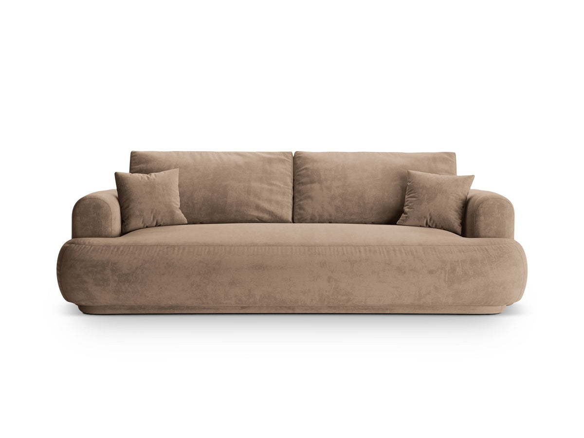 Beiges 3er Sofa Ella von Micadoni mit Veloursstoff-Bezug, ausklappbarer Bettfunktion, Stauraumbox und schwarzen Kunststoffbeinen.