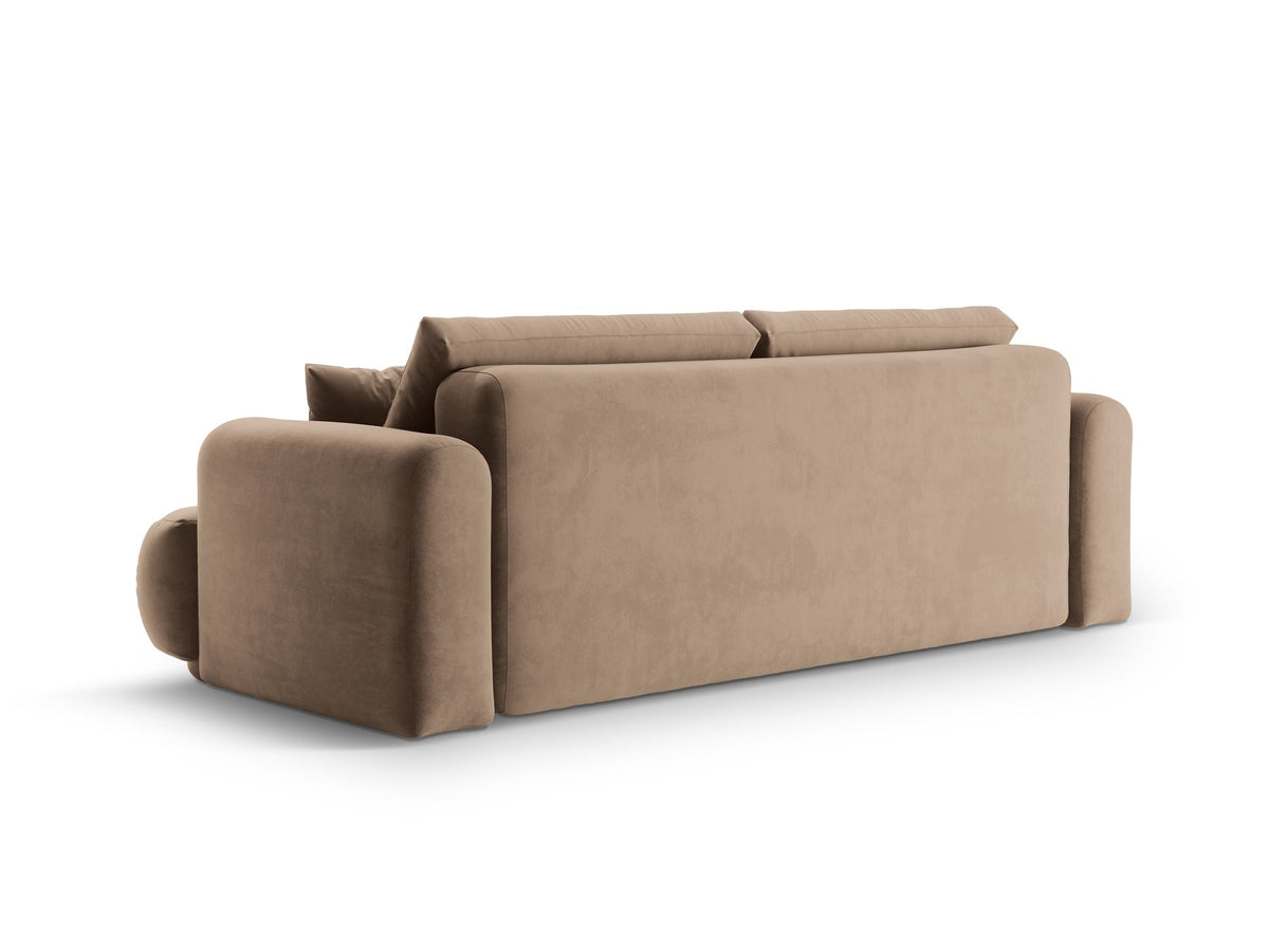 Beiges 3er Sofa Ella von Micadoni mit Veloursstoff-Bezug, ausklappbarer Bettfunktion, Stauraumbox und schwarzen Kunststoffbeinen.