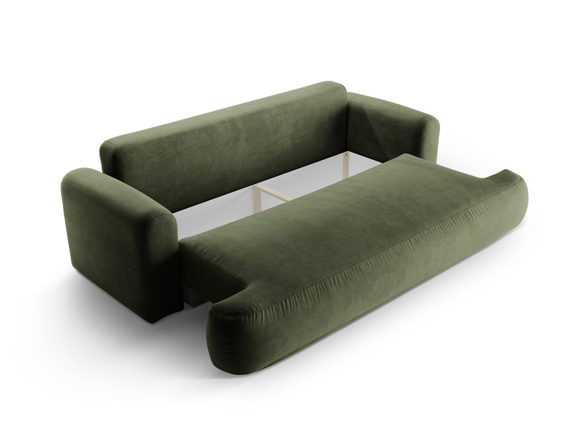 Beiges 3er Sofa Ella von Micadoni mit Veloursstoff-Bezug, ausklappbarer Bettfunktion, Stauraumbox und schwarzen Kunststoffbeinen.