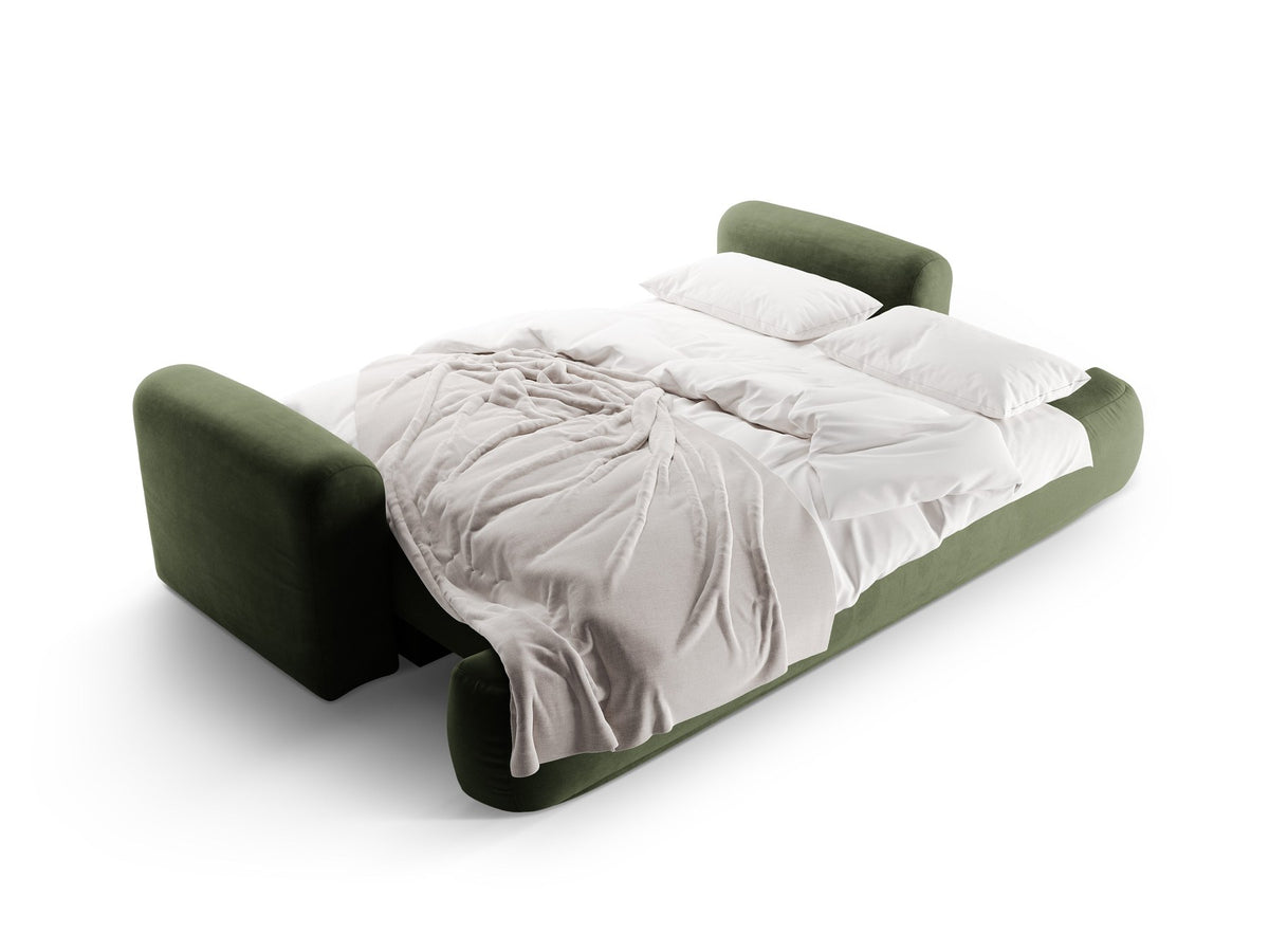 Beiges 3er Sofa Ella von Micadoni mit Veloursstoff-Bezug, ausklappbarer Bettfunktion, Stauraumbox und schwarzen Kunststoffbeinen.
