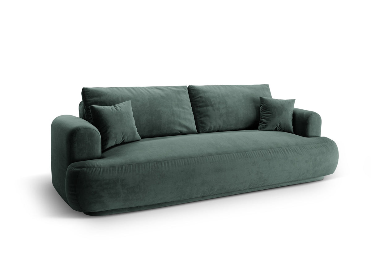 Beiges 3er Sofa Ella von Micadoni mit Veloursstoff-Bezug, ausklappbarer Bettfunktion, Stauraumbox und schwarzen Kunststoffbeinen.