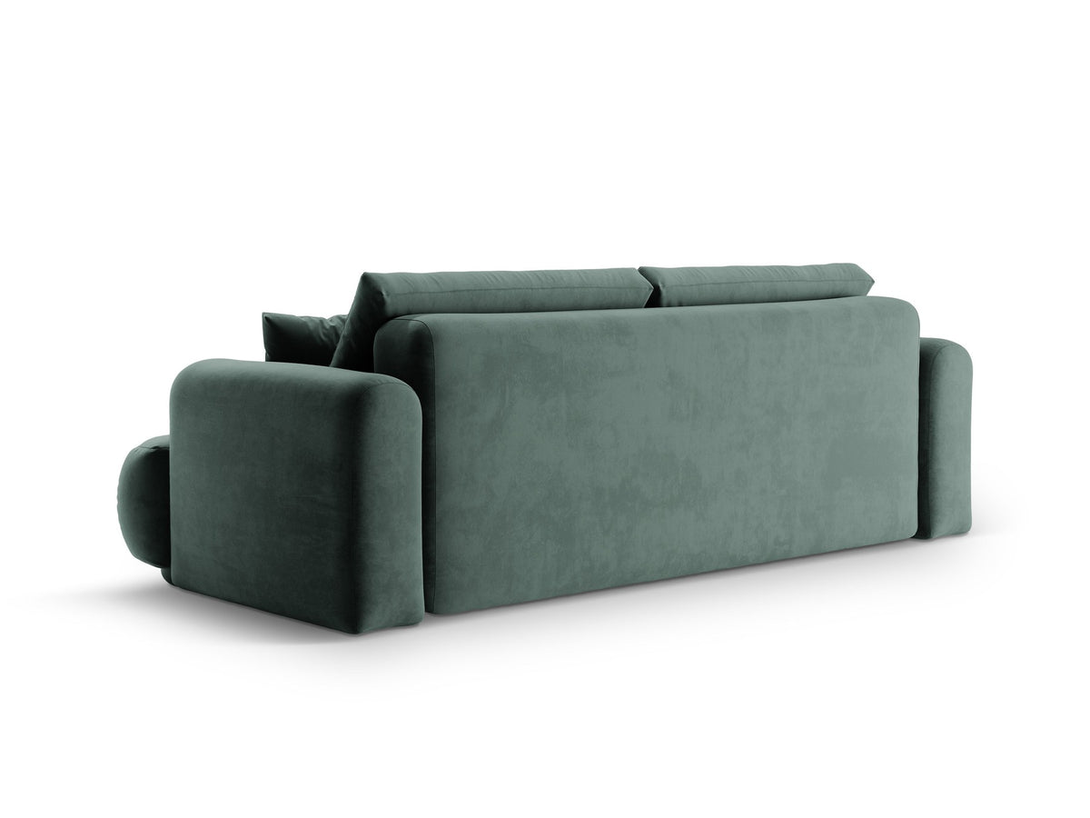Beiges 3er Sofa Ella von Micadoni mit Veloursstoff-Bezug, ausklappbarer Bettfunktion, Stauraumbox und schwarzen Kunststoffbeinen.