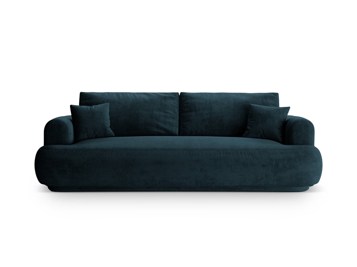 Beiges 3er Sofa Ella von Micadoni mit Veloursstoff-Bezug, ausklappbarer Bettfunktion, Stauraumbox und schwarzen Kunststoffbeinen.