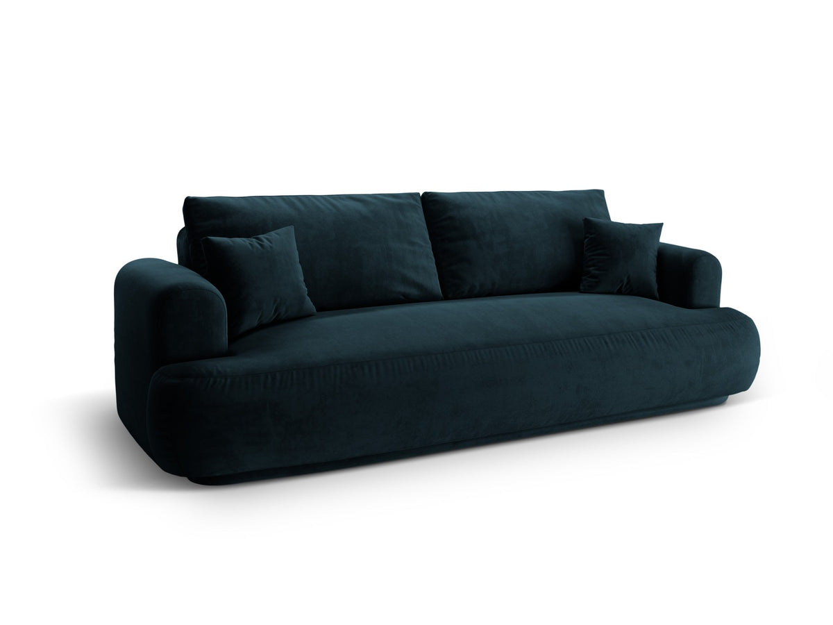 Beiges 3er Sofa Ella von Micadoni mit Veloursstoff-Bezug, ausklappbarer Bettfunktion, Stauraumbox und schwarzen Kunststoffbeinen.