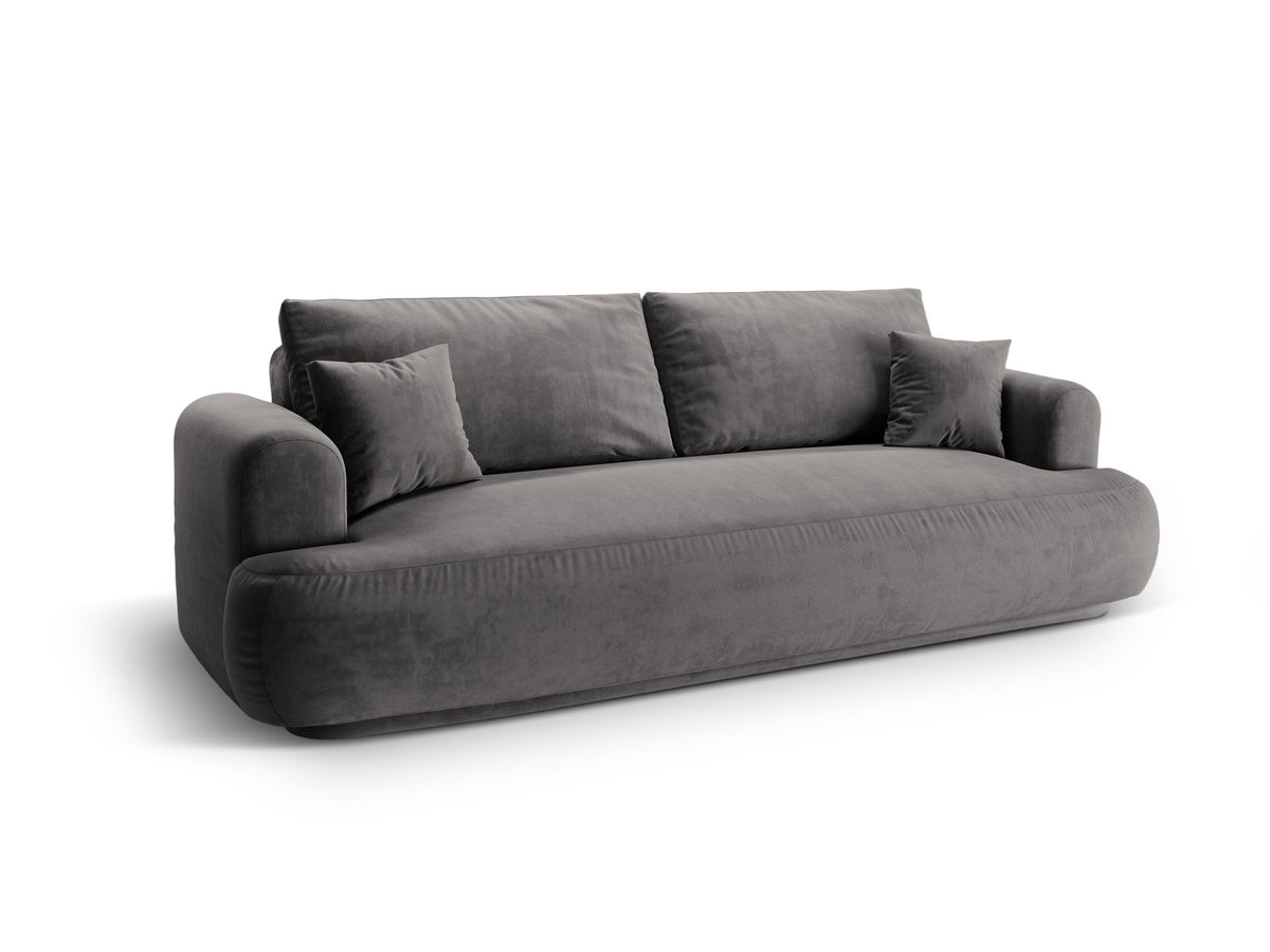 Beiges 3er Sofa Ella von Micadoni mit Veloursstoff-Bezug, ausklappbarer Bettfunktion, Stauraumbox und schwarzen Kunststoffbeinen.