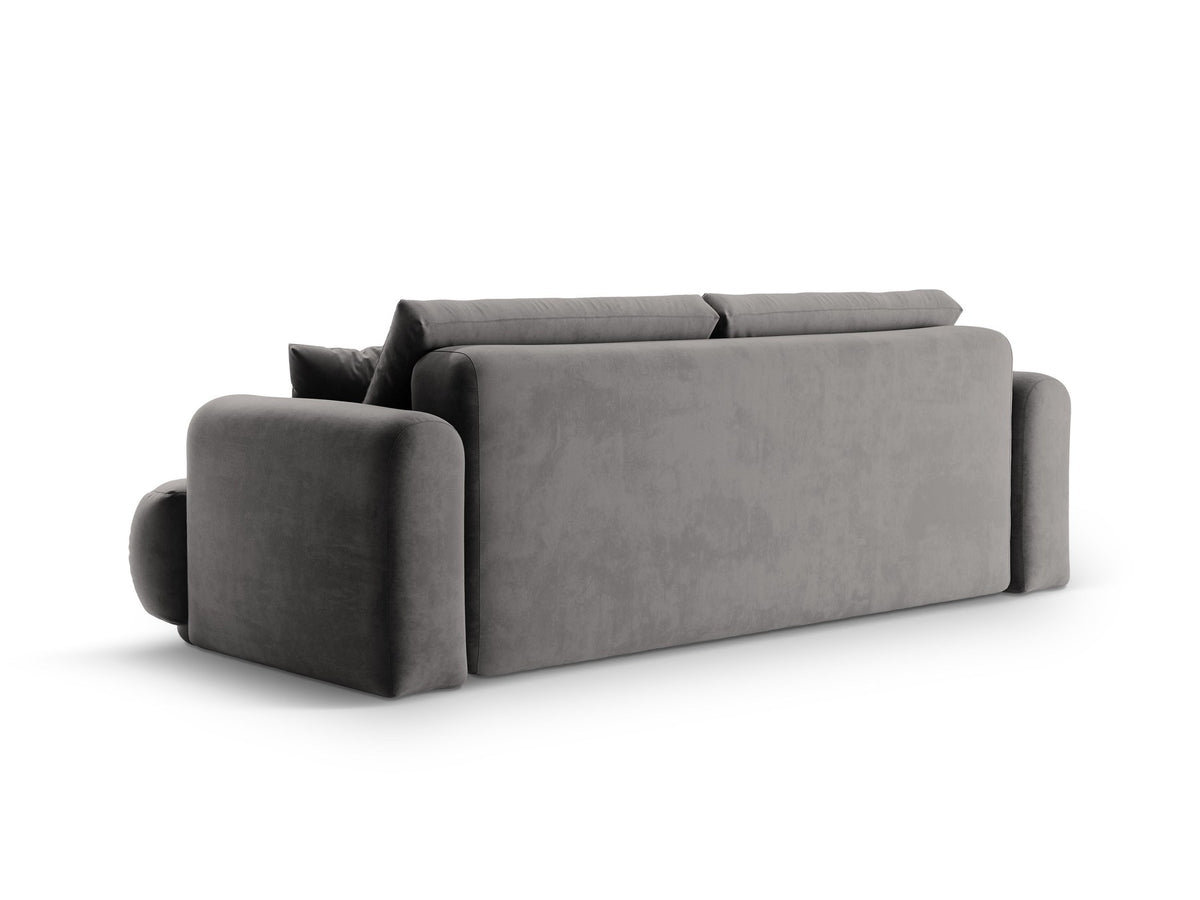 Beiges 3er Sofa Ella von Micadoni mit Veloursstoff-Bezug, ausklappbarer Bettfunktion, Stauraumbox und schwarzen Kunststoffbeinen.