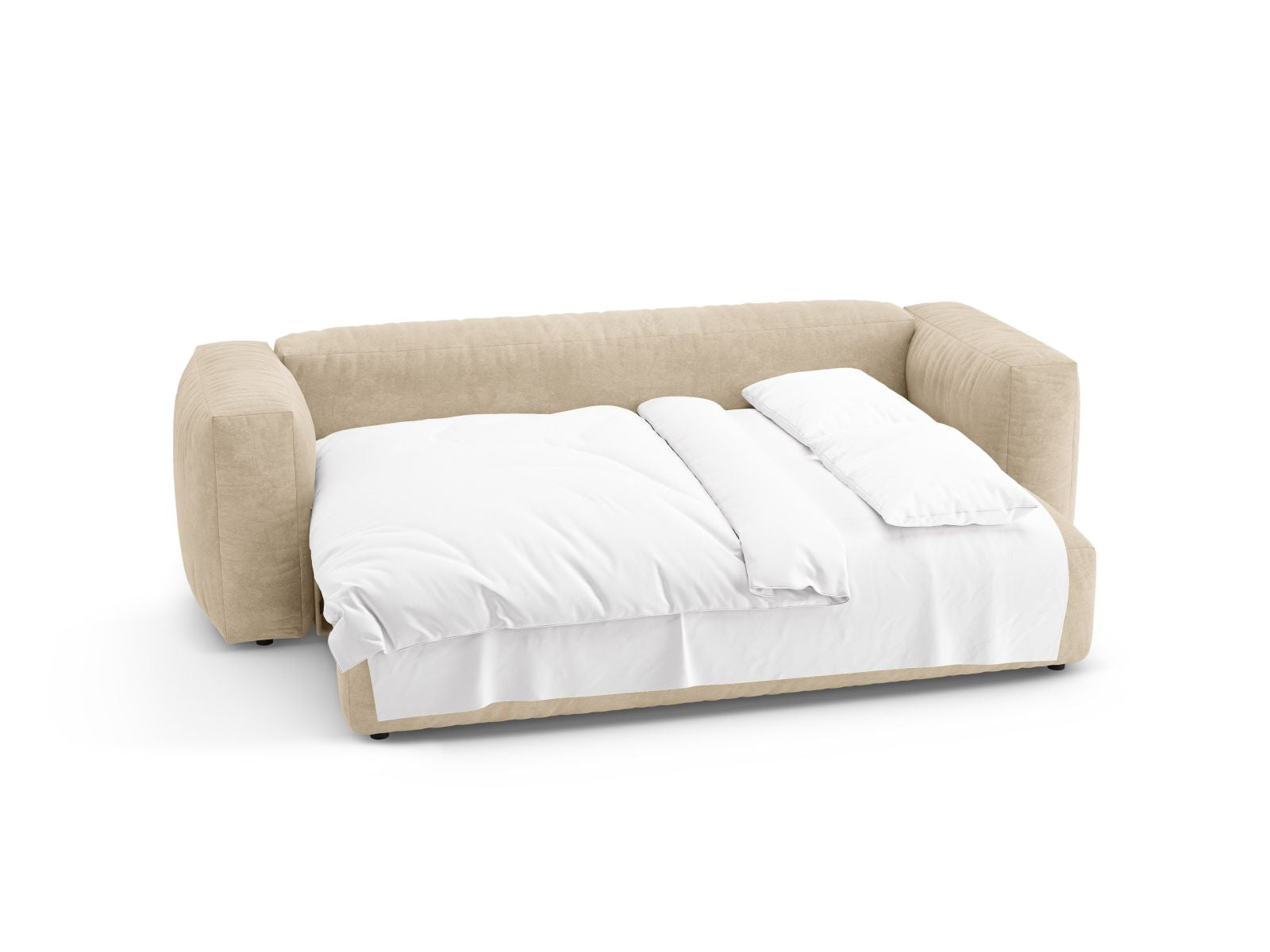 Stilvolles 3-Sitzer Bettsofa Martina in sanftem Beige, perfekt für gemütliche Abende und als praktische Schlaflösung für Gäste.