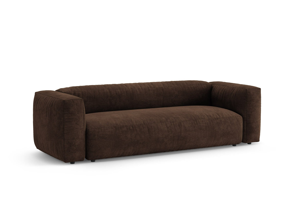 Martina 3er Sofa mit Bettfunktion in Schokolade, Veloursstoff-Bezug, schwarze Kunststoffbeine, moderne klare Form im Wohnzimmer.