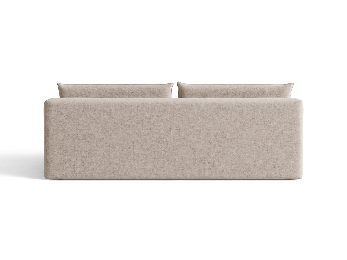 Beiges 3er Sofa Hena von Micadoni mit Chenille-Stoff, abgerundeter Form ohne Armlehnen, Kunststoffbeinen und sichtbarem Bettkasten.