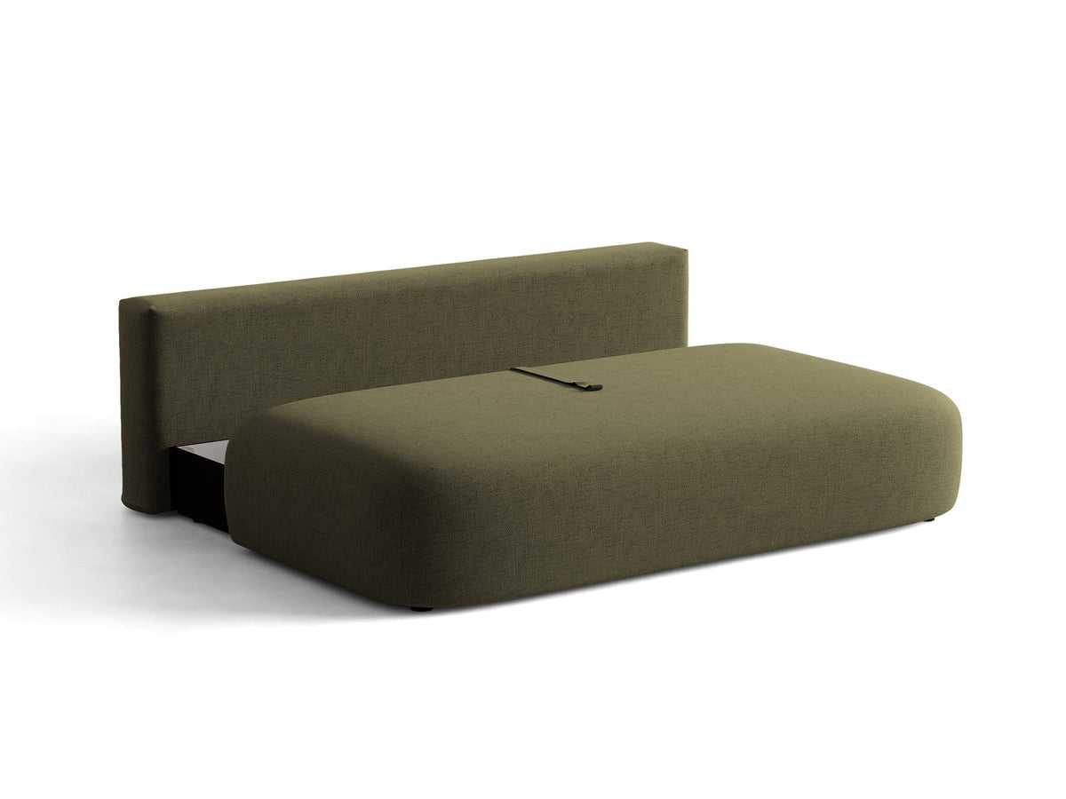 Beiges 3er Sofa Hena von Micadoni mit Chenille-Stoff, abgerundeter Form ohne Armlehnen, Kunststoffbeinen und sichtbarem Bettkasten.