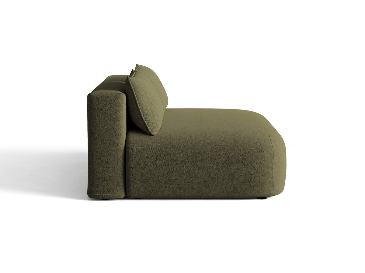 Beiges 3er Sofa Hena von Micadoni mit Chenille-Stoff, abgerundeter Form ohne Armlehnen, Kunststoffbeinen und sichtbarem Bettkasten.