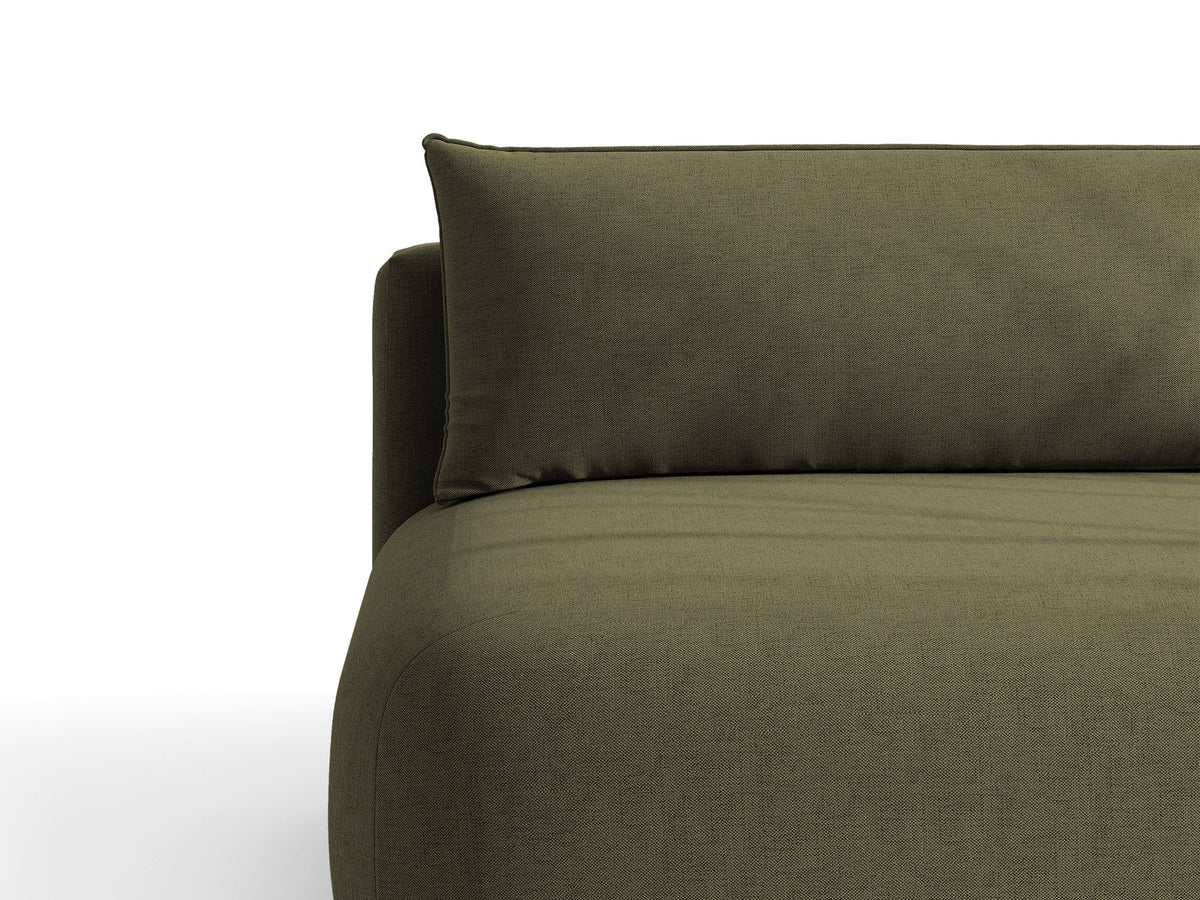 Beiges 3er Sofa Hena von Micadoni mit Chenille-Stoff, abgerundeter Form ohne Armlehnen, Kunststoffbeinen und sichtbarem Bettkasten.