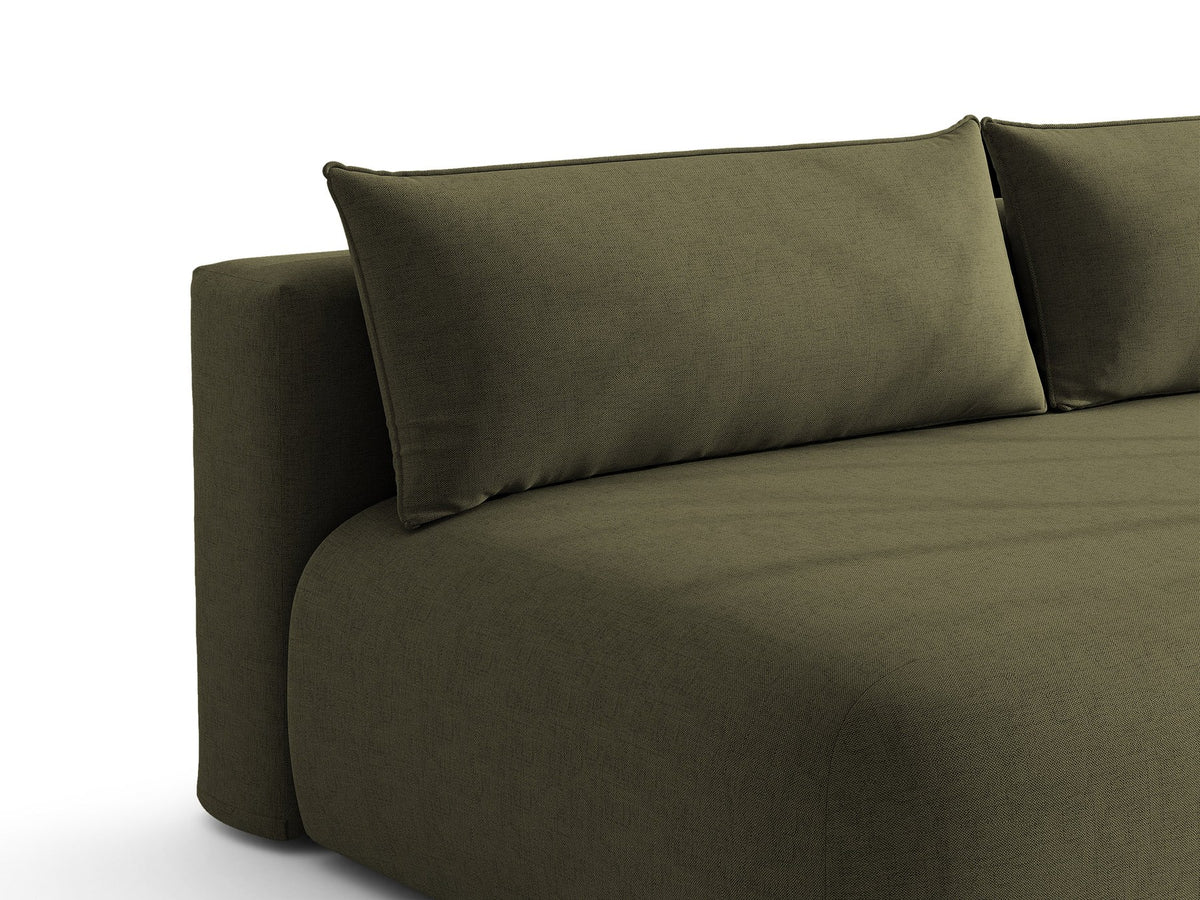 Beiges 3er Sofa Hena von Micadoni mit Chenille-Stoff, abgerundeter Form ohne Armlehnen, Kunststoffbeinen und sichtbarem Bettkasten.