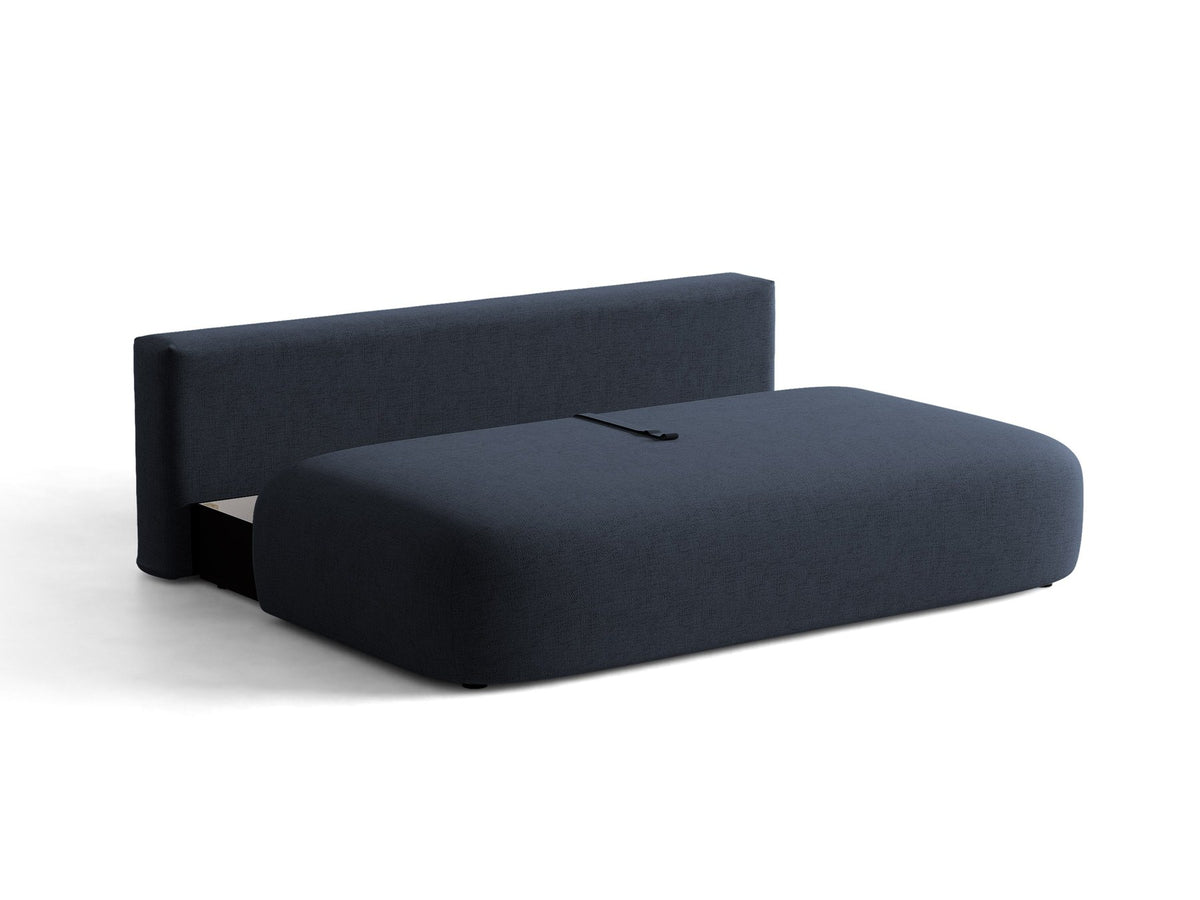 Beiges 3er Sofa Hena von Micadoni mit Chenille-Stoff, abgerundeter Form ohne Armlehnen, Kunststoffbeinen und sichtbarem Bettkasten.