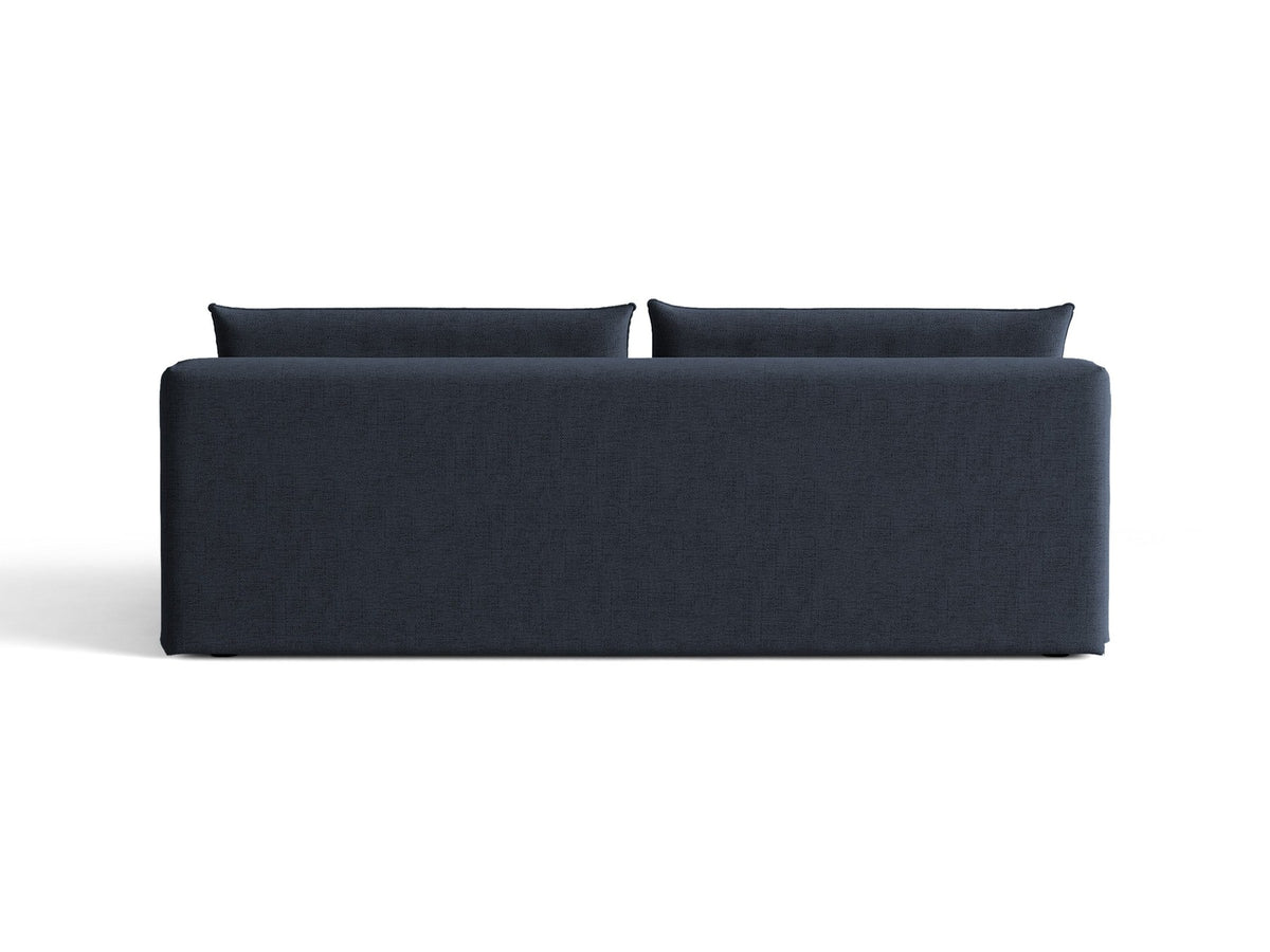Beiges 3er Sofa Hena von Micadoni mit Chenille-Stoff, abgerundeter Form ohne Armlehnen, Kunststoffbeinen und sichtbarem Bettkasten.