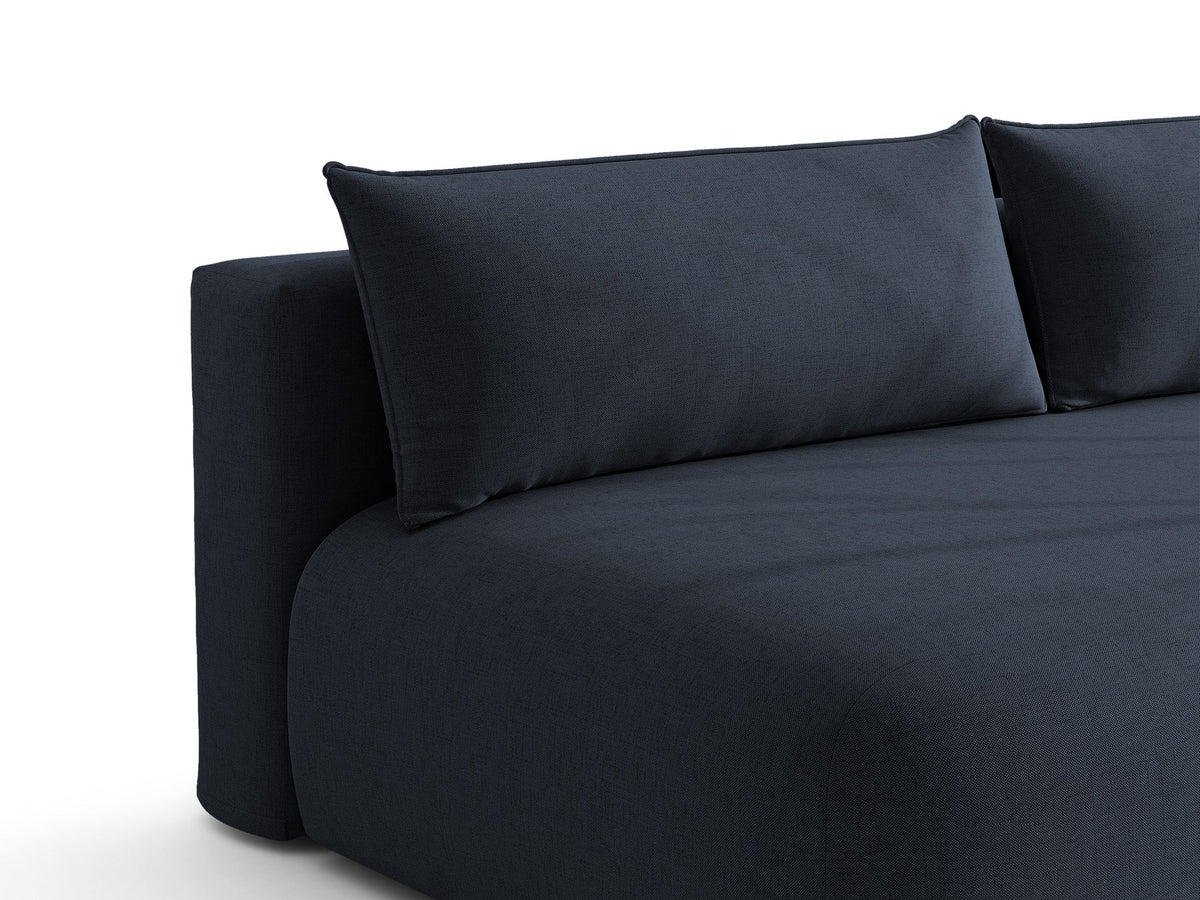 Beiges 3er Sofa Hena von Micadoni mit Chenille-Stoff, abgerundeter Form ohne Armlehnen, Kunststoffbeinen und sichtbarem Bettkasten.
