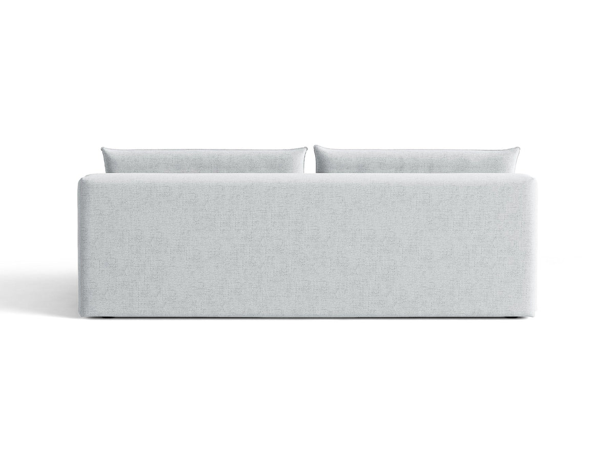 Beiges 3er Sofa Hena von Micadoni mit Chenille-Stoff, abgerundeter Form ohne Armlehnen, Kunststoffbeinen und sichtbarem Bettkasten.