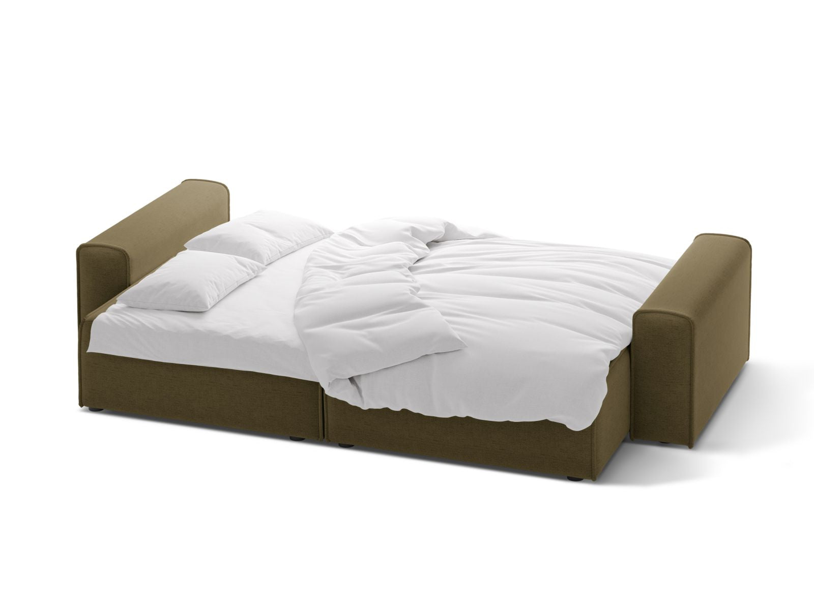 Stylisches 3-Sitzer Sofa Victor in trendigem Grün, ausgestattet mit einer komfortablen Schlaffunktion und praktischem Stauraum für vielseitige Nutzung.