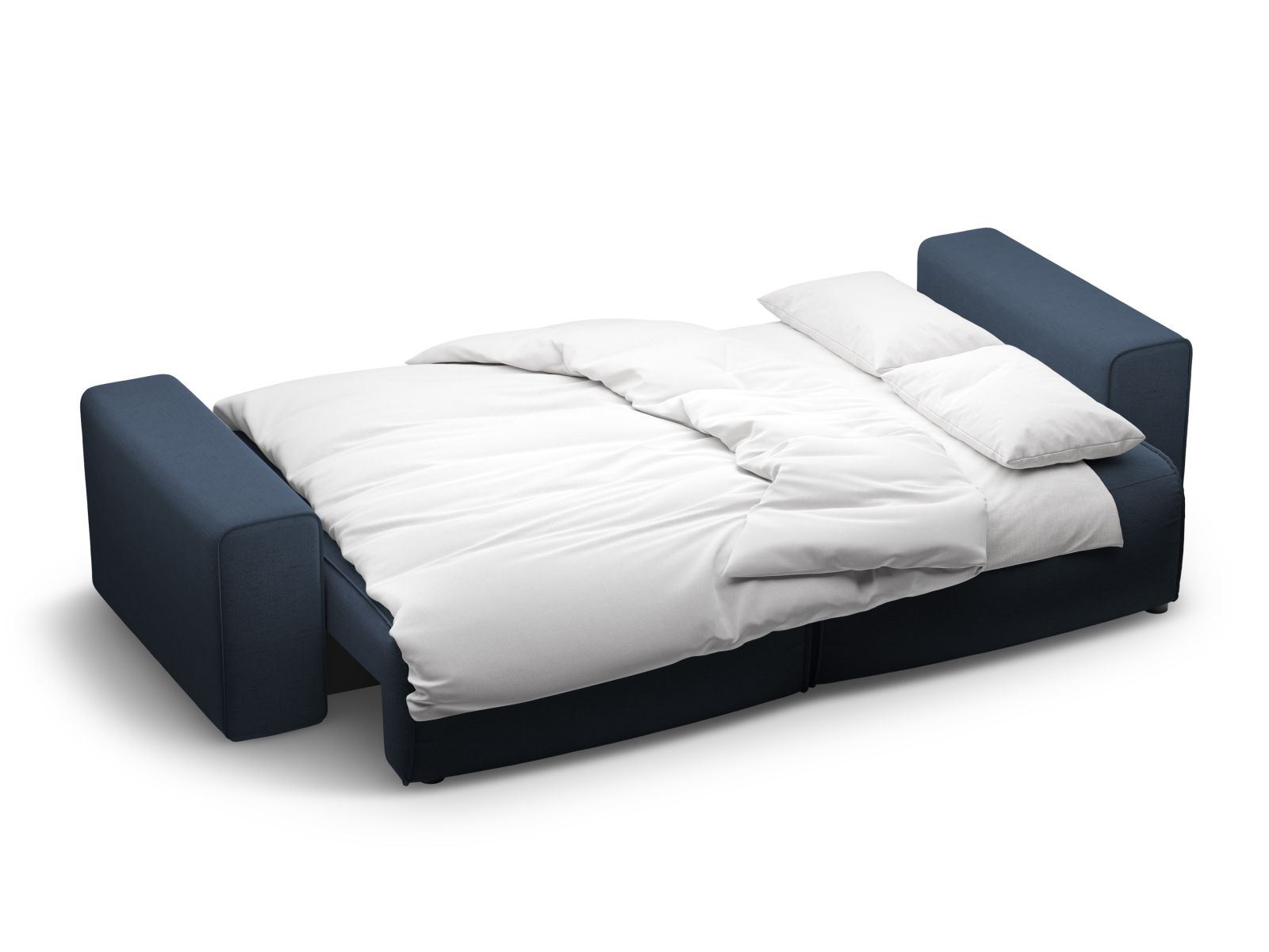 Stylisches 3-Sitzer Bettsofa Victor in Royal Blue, perfekt für kleine Räume, bietet Schlafgelegenheit und zusätzlichen Stauraum.