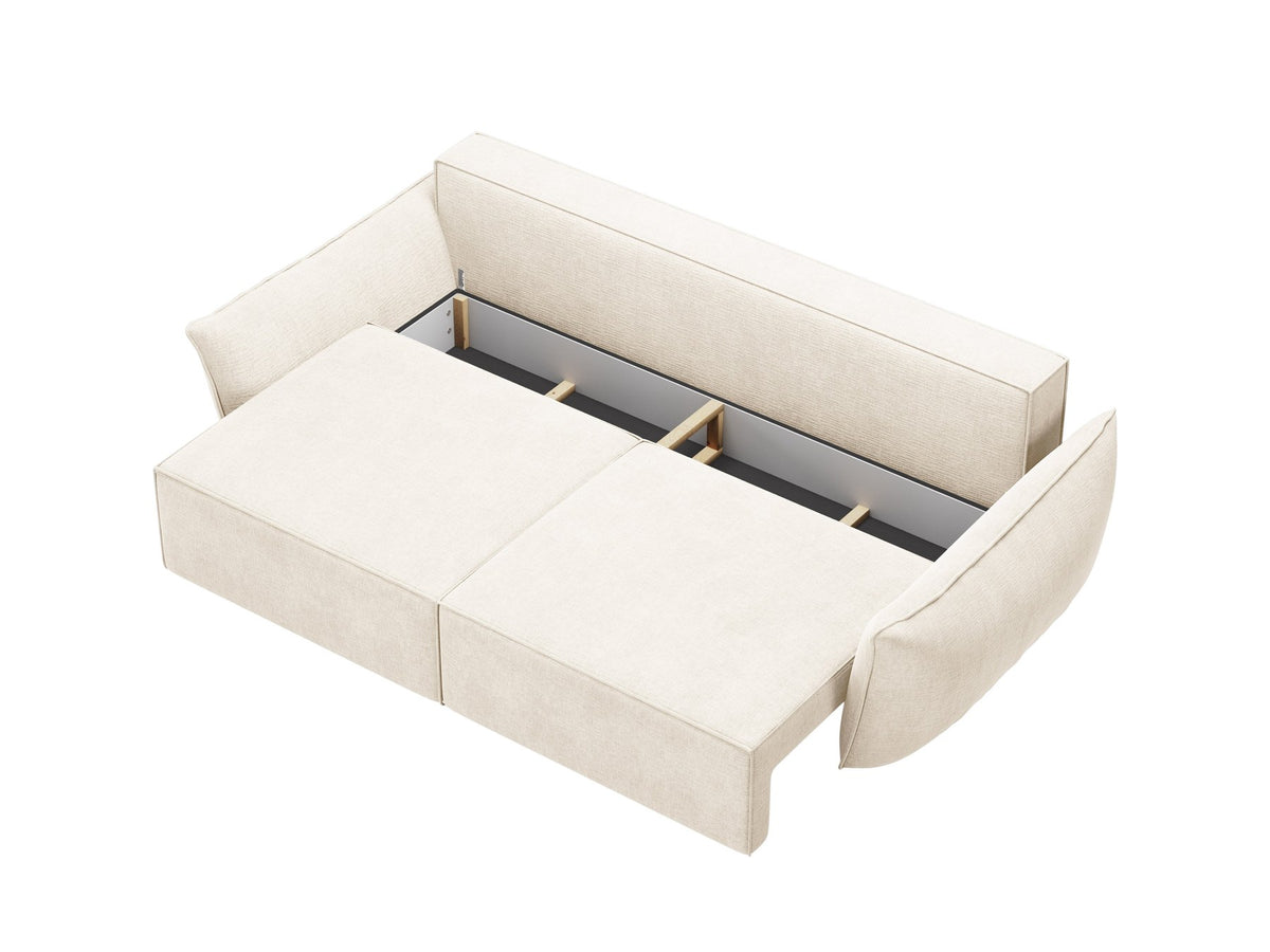 3-Sitzer Sofa Kaelle von Micadoni in leichtem Beige mit Chenille-Bezug, Bettkasten und schwarzen Kunststoffbeinen, Frontalansicht.